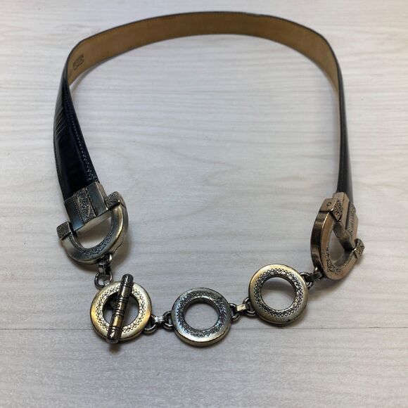 Vintage Brighton Black Leather & Silver Ring Belt Size L 20603 Waist Belt